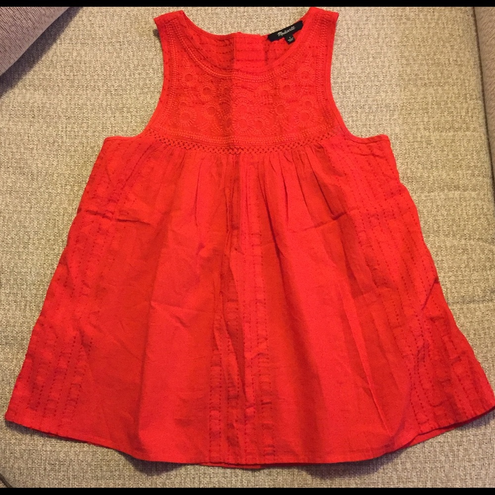 MADEWELL Red Cotton Embroidered FLARED Tunic TOP